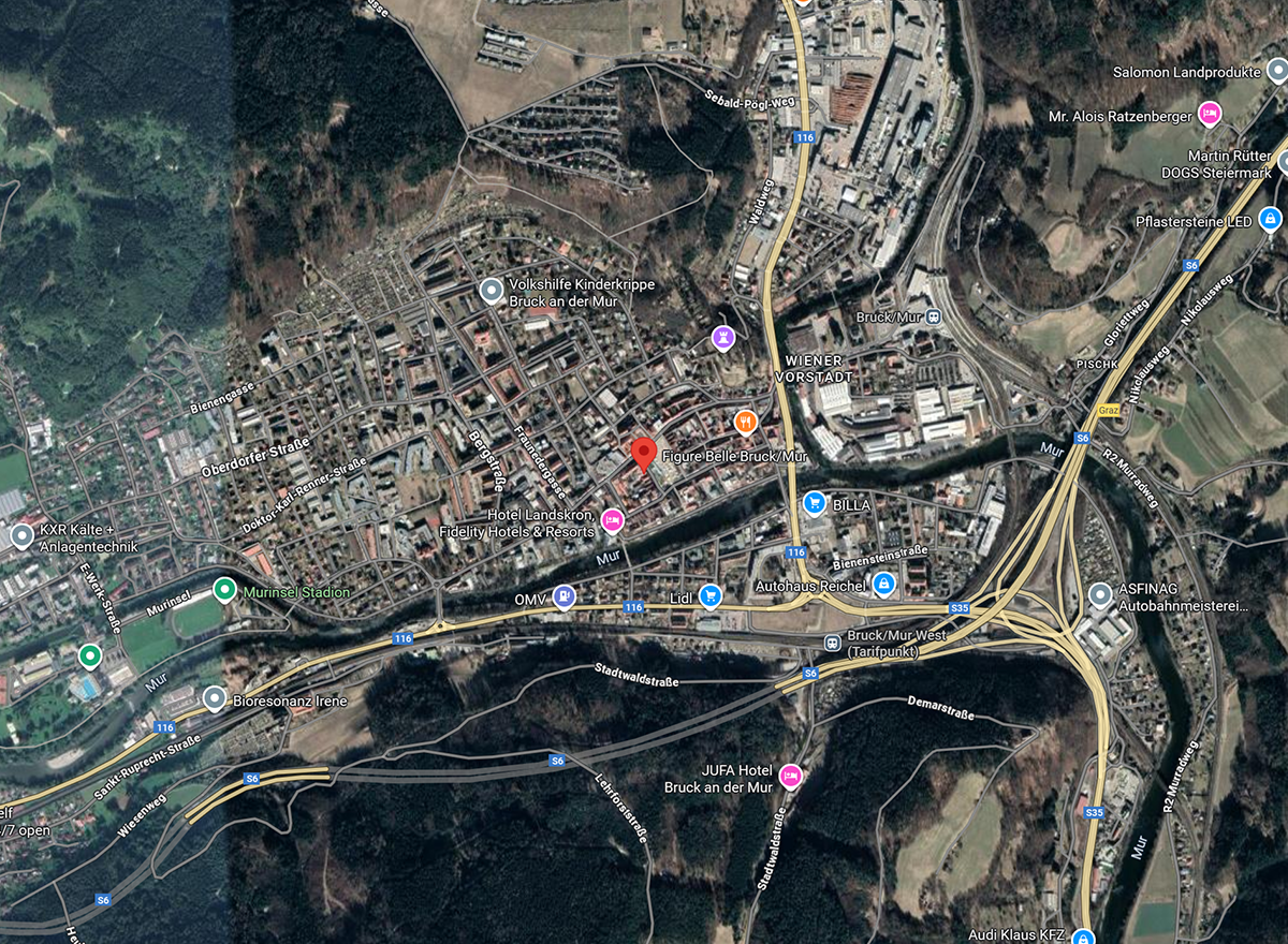 Google Maps Weitansicht von Bruck an der Mur mit Figure Belle Studio - zentral gelegen zwischen Kapfenberg und Leoben